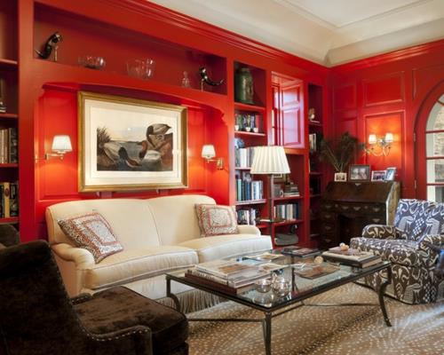 κατάλληλο για σαλόνι γραφείο σπιτιού κόκκινοι τοίχοι άνετος δερμάτινος καναπές γραφείο στο σπίτι με κόκκινες πινελιές