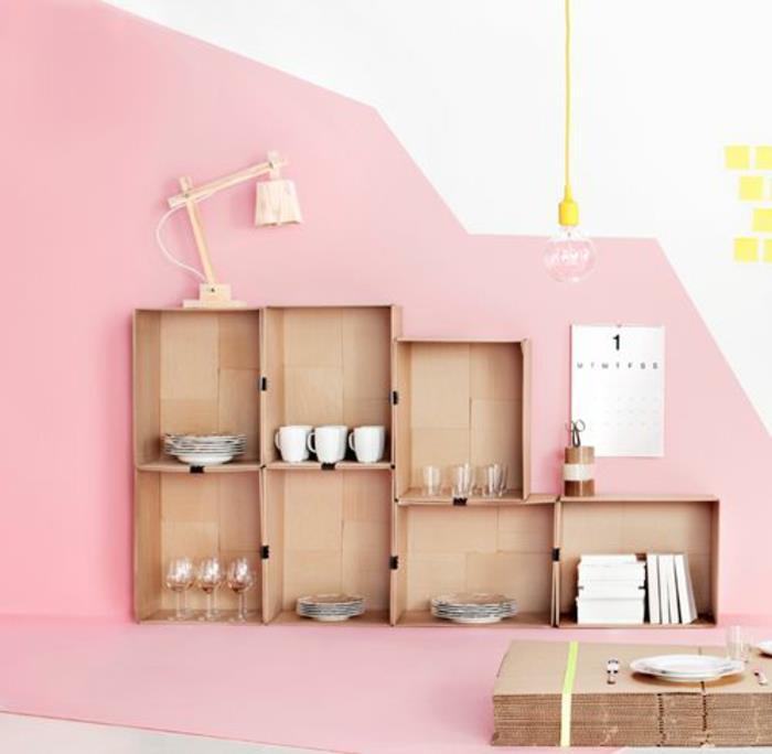 σχεδιασμός σαλονιού χρώμα τοίχου χρώμα ροζ ξύλινα ράφια
