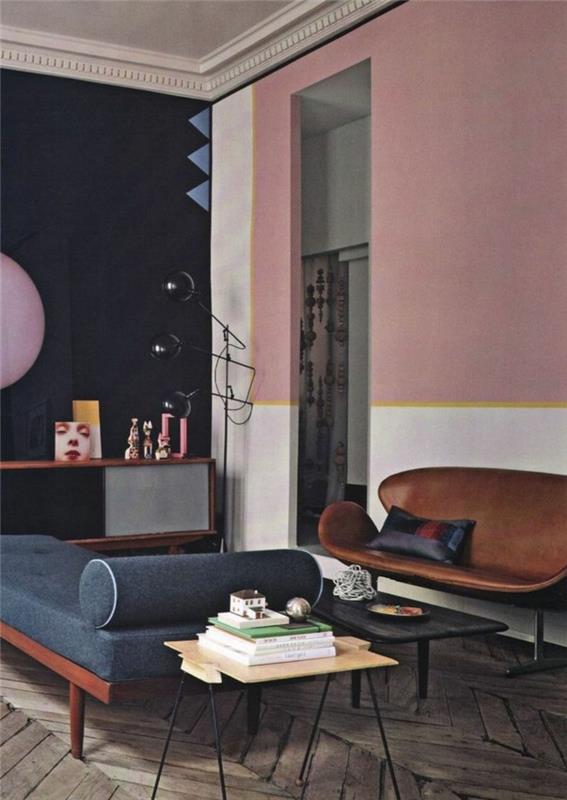σαλόνι σχεδιασμός χρώμα τοίχου χρώμα ροζ ρετρό τόνους