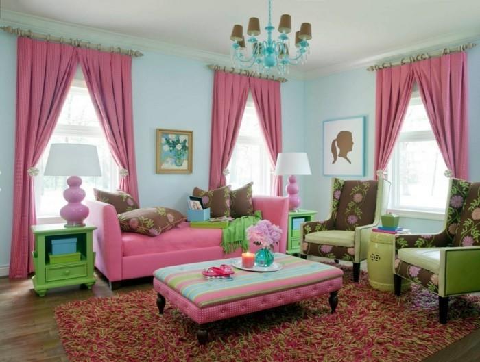σαλόνι σχεδιασμός ροζ κουρτίνες και φανταχτερά χαλιά