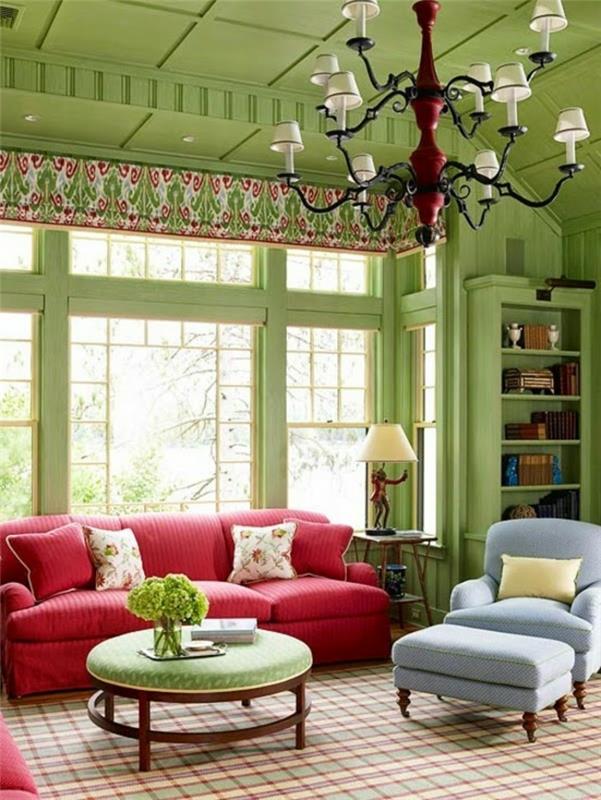 σαλόνι σχεδιασμός πράσινο χρώμα τοίχου κόκκινο καναπέ