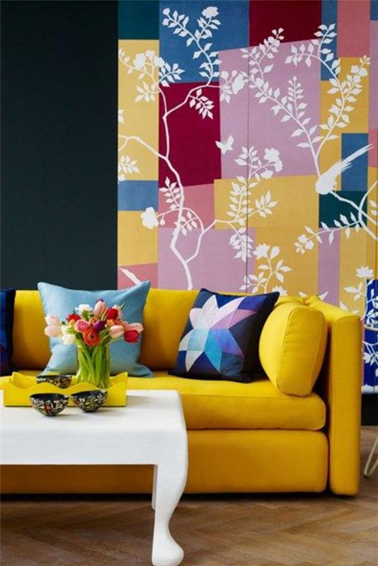 ιδέες επίπλωσης σαλονιού έγχρωμες κίτρινες δερμάτινες καναπέδες σχεδιασμός τοίχου
