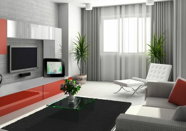 σαλόνι μοντέρνα επίπλωση τηλεόραση μονάδα τοίχου παράθυρο ιδιωτικότητας κουρτίνες γκρι διαφανές
