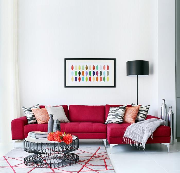 επανασχεδιασμός σαλόνι γωνιακός καναπές κόκκινα χρώματα σχεδιασμού τοίχων