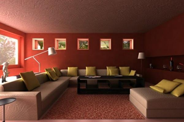 σαλόνι καναπές τοίχο χρώμα καστανός καναπές γωνιακός καναπές σε μπεζ ρίξτε μαξιλάρια ανοιχτό πράσινο