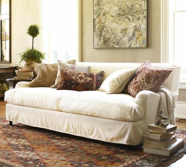 καναπές σαλονιού λευκός καναπές καλύπτει χρωματιστό χαλί