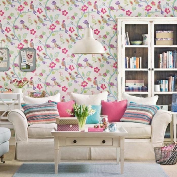 ιδέες ταπετσαρίας σαλονιού floral ταπετσαρία μοτίβο φρέσκα ρίξτε μαξιλάρια