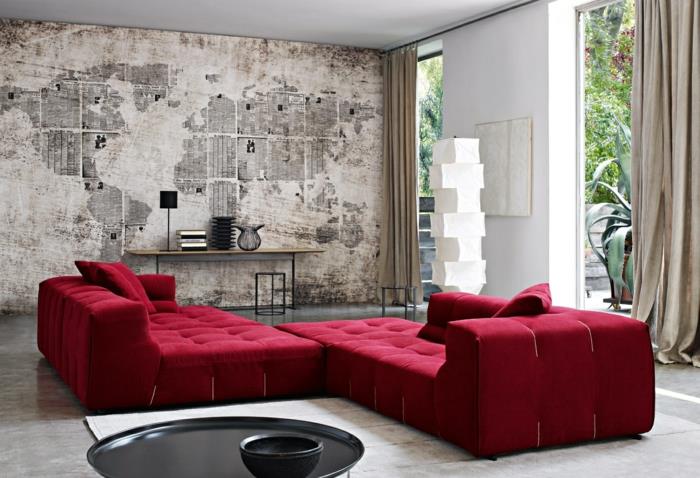 ιδέες ταπετσαρίας σαλονιού κόκκινος γωνιακός καναπές ασυνήθιστο σχέδιο τοίχου