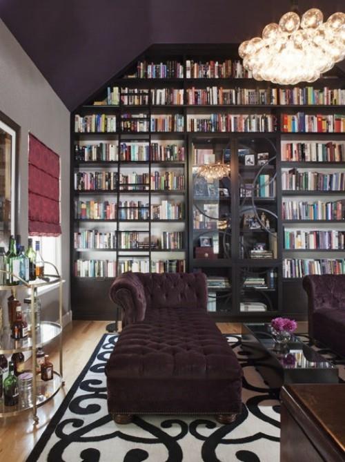 σαλόνι χαλί ασπρόμαυρο μοτίβο με βιβλιοθήκη
