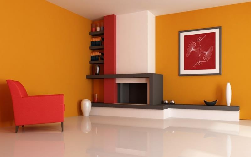 χρώμα τοίχου σαλονιού κόκκινο πορτοκαλί συνδυάζουν ζεστά χρώματα τοίχων