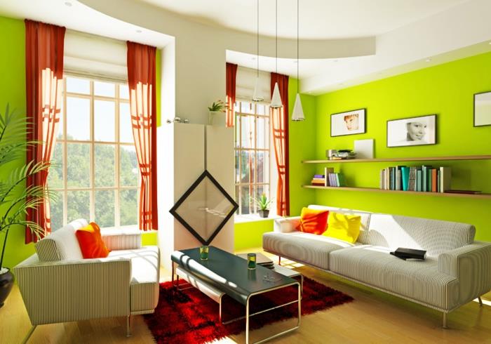 σαλόνι σχεδιασμός τοίχων πράσινοι τοίχοι πορτοκαλί κουρτίνες κόκκινο χαλί