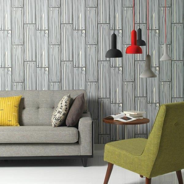 ιδέες σχεδιασμού τοίχου σαλονιού μοτίβο ταπετσαρίας τοίχου ξύλινα οπτικά