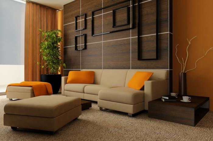 σαλόνι σχεδιασμός τοίχου πάνελ τοίχου ξύλινα πορτοκαλί τόνους