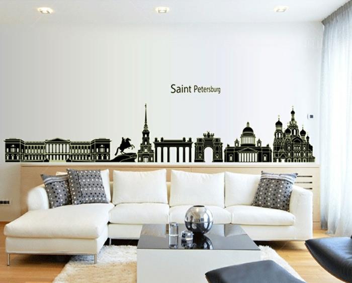 σαλόνι τοίχος σχεδιασμός αυτοκόλλητα τοίχου αγαπημένες πόλεις λευκός γωνιακός καναπές τραπεζάκι σαλονιού