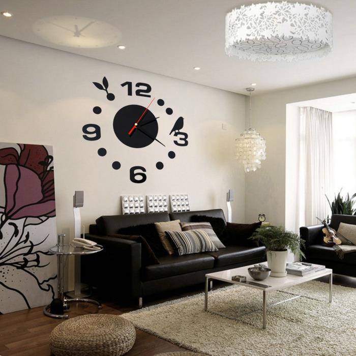 σαλόνι διακόσμηση τοίχου ρολόι τοίχου μαύρος δερμάτινος καναπές πολυέλαιος