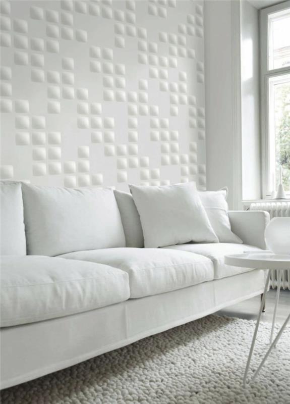 σαλόνι σχεδιασμός τοίχου λευκά πάνελ τοίχου μωσαϊκός λευκός καναπές