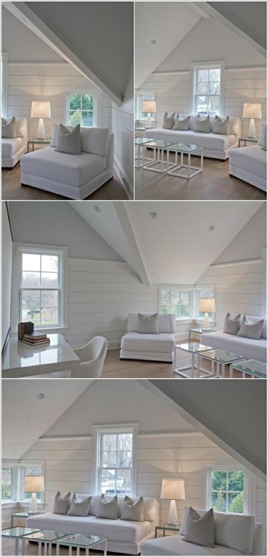 οι τοίχοι του καθιστικού σχεδιάζουν σανίδες από λευκή οροφή