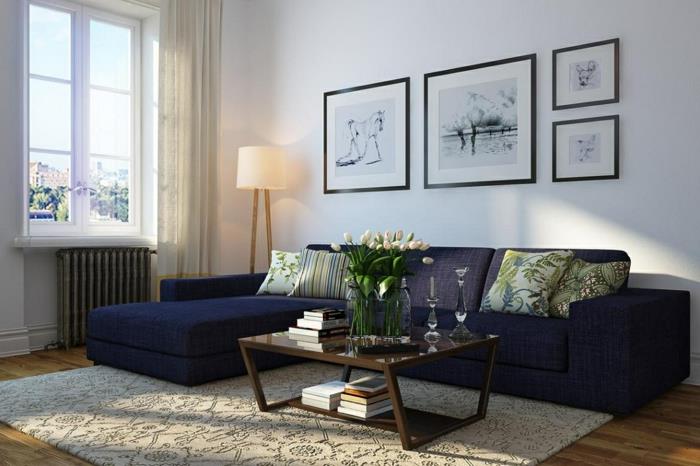 σαλόνι φωτισμός μπλε γωνιακός καναπές λουλούδια πάτωμα φωτιστικό
