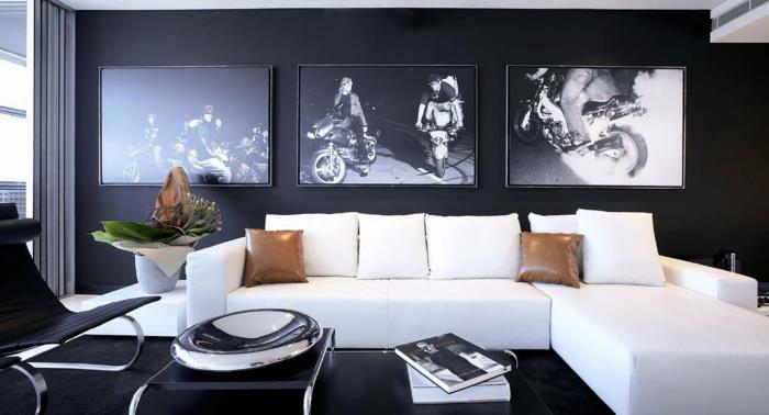 διακόσμηση σαλονιού λευκός γωνιακός καναπές μαύροι τοίχοι διακόσμηση τοίχου