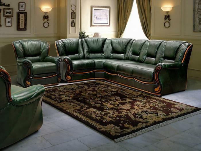 έπιπλα σαλονιού πράσινος δερμάτινος καναπές κομψό χαλί