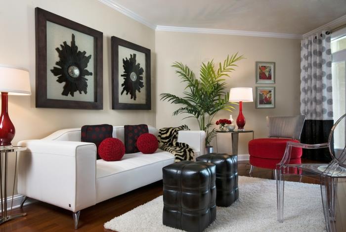 έπιπλα σαλονιού λευκός καναπές μαύρες οθωμανικές κόκκινες πινελιές