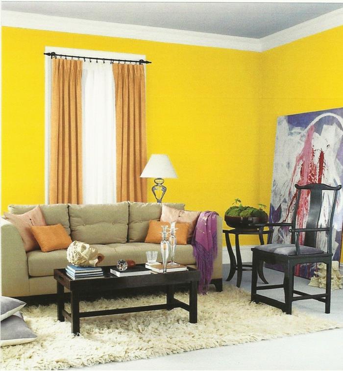 σαλόνι χαλί μπεζ χαλί κίτρινοι τοίχοι ανοιχτό πορτοκαλί τόνους