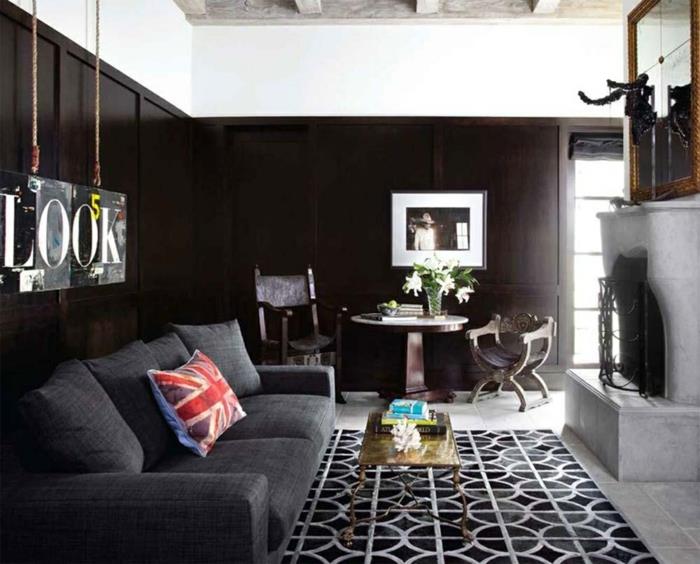 σαλόνι χαλί πολυτελές σκούρο γκρι καναπέ μαύροι τοίχοι