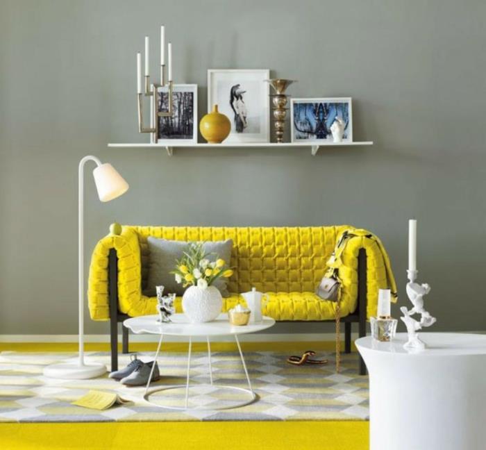 σαλόνι μοκέτα μοκέτα μοτίβο κίτρινο καναπέ φωτιστικό δαπέδου