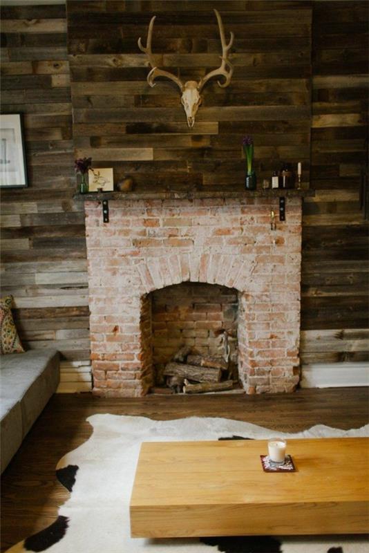 τραπέζια σαλονιού ξύλινη γούνα χαλί πέτρινος τοίχος σαλόνι ρουστίκ έπιπλα τζάκι
