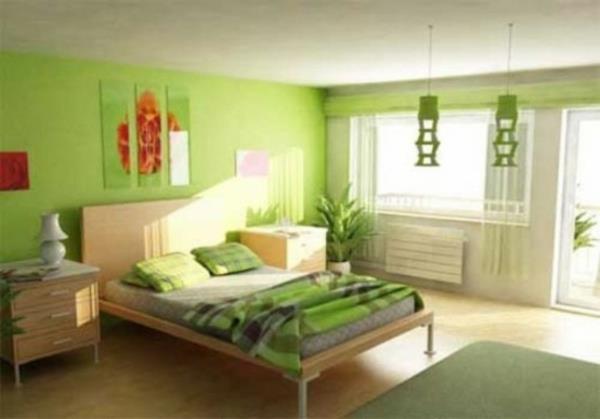 υπέροχη φωτεινή πράσινη διακόσμηση κρεβατοκάμαρας