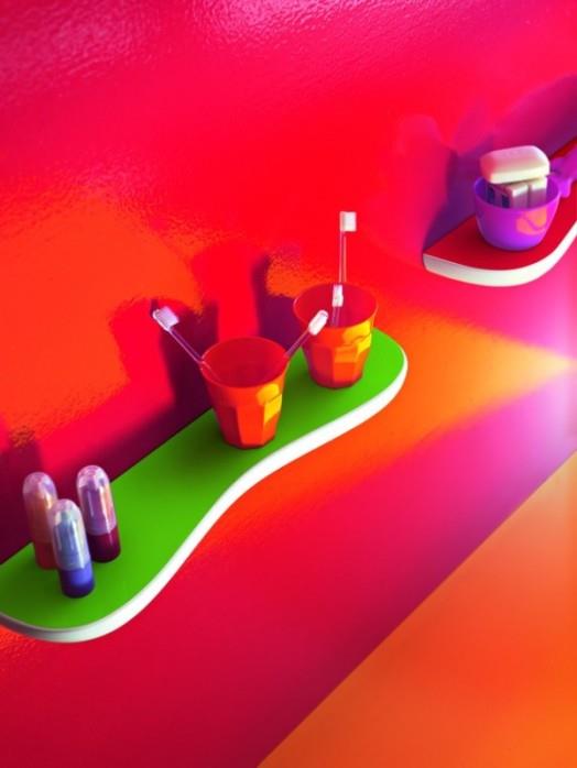 οδοντόβουρτσες ράφι τοίχου πράσινο πορτοκαλί κόκκινο ιδέα παιδικό μπάνιο