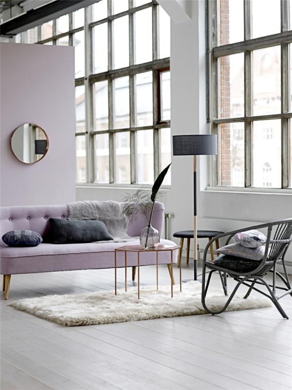 δωμάτιο-επίπλωση-ιδέες-σαλόνι-σχεδιασμός-ιδέες-ανοιχτό ροζ-τοίχος-καναπές-χαλί