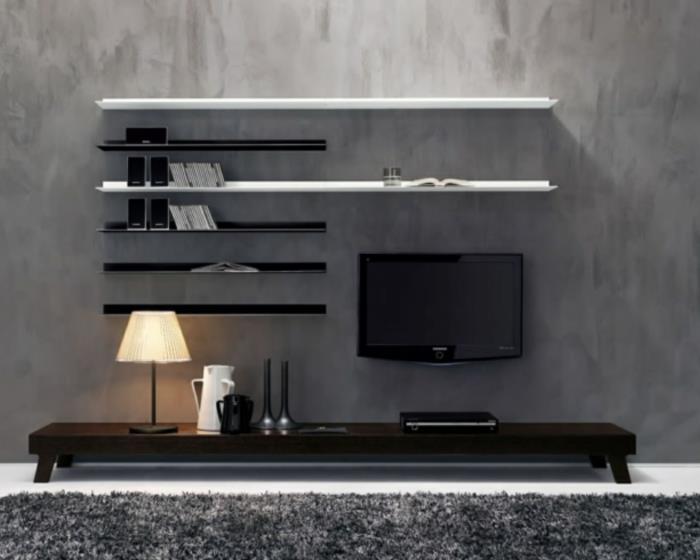 ιδέες διακόσμησης δωματίου σαλόνι γκρι τοίχο τηλεόραση ράφια ανοιχτού τοίχου