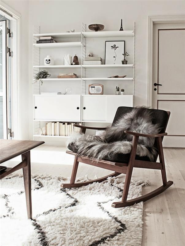 διακόσμηση δωματίων σαλόνι ιδέες σχεδιασμού σκανδιναβική κουνιστή καρέκλα χαλί