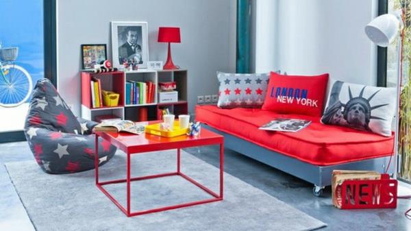 χρώματα δωματίου πολύχρωμος επίπλωση κόκκινος καναπές